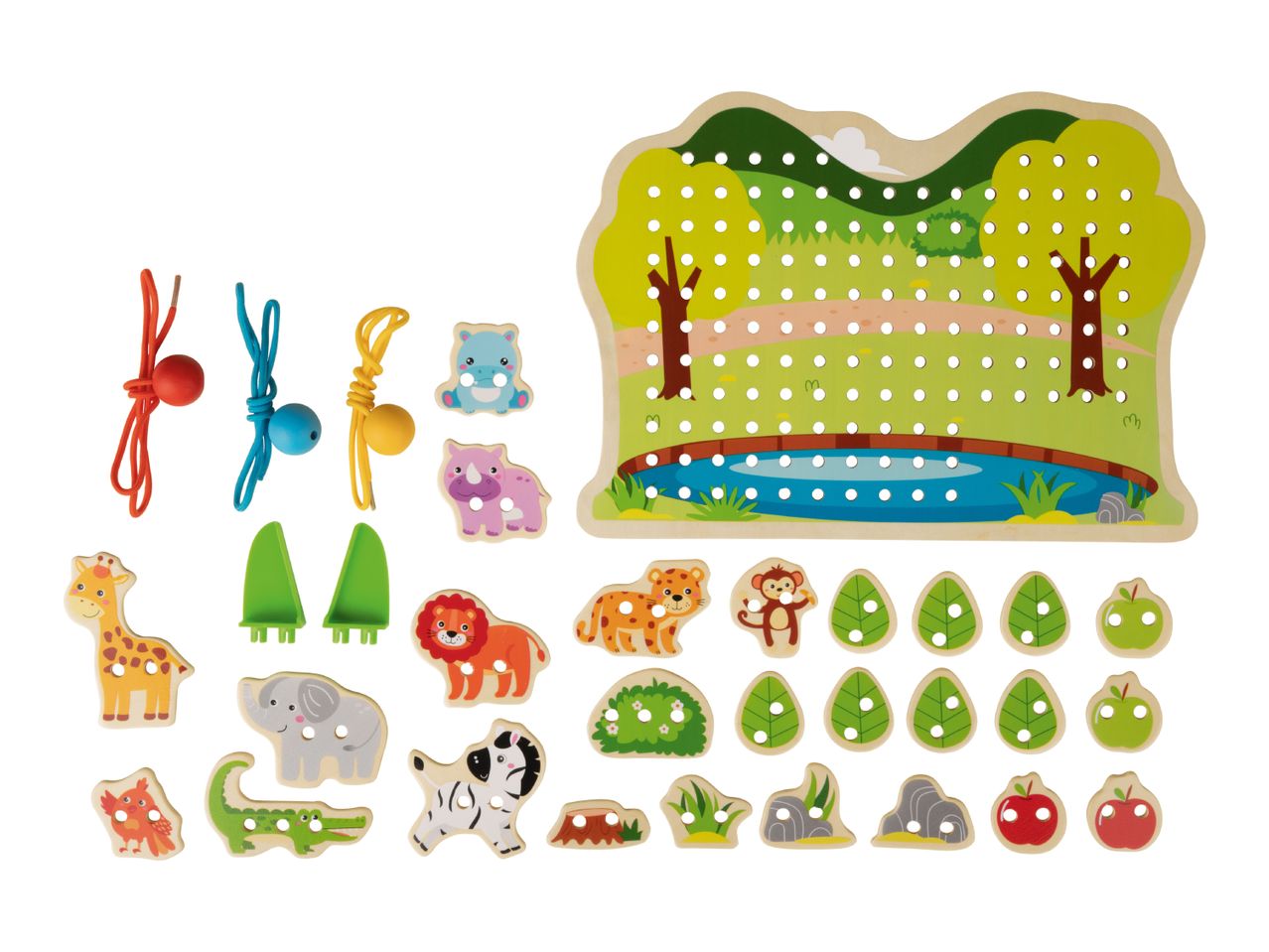 Wooden lacing toy with a safari theme, featuring a board, animal shapes, and laces.