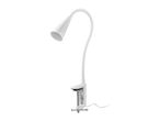 White clamp-on desk lamp with a flexible gooseneck and conical shade.