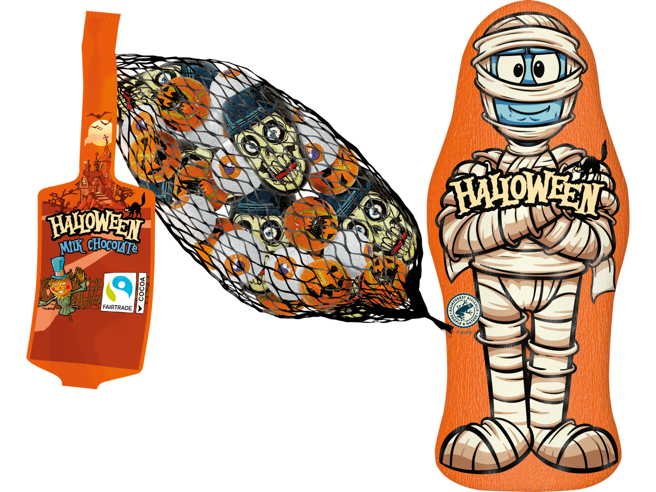 Halloween mjölkchoklad i nätpåse med spökhus och mumiefigurer.