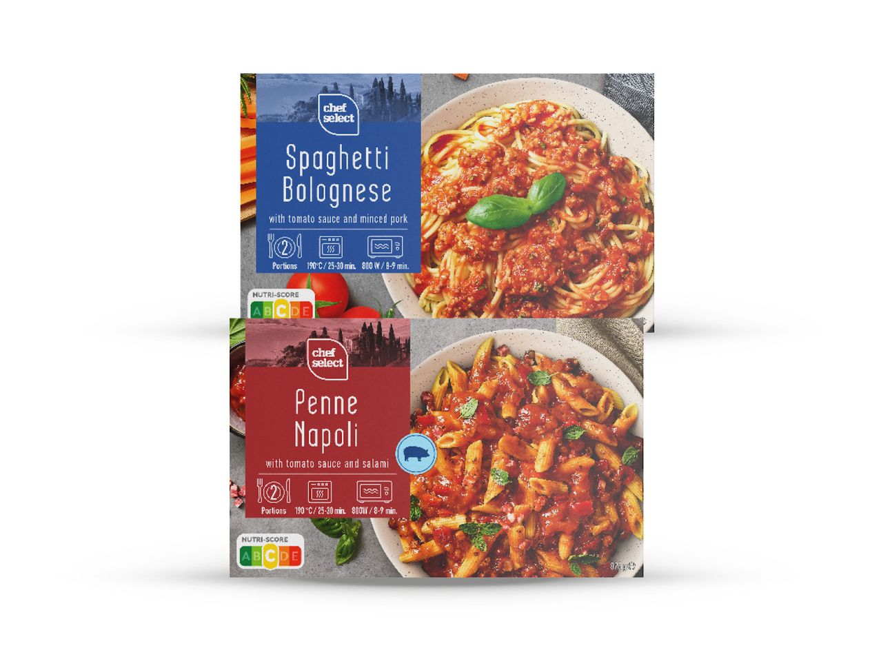 Dvije zamrznute posude s tjesteninom: špageti bolognese i penne arabiata.