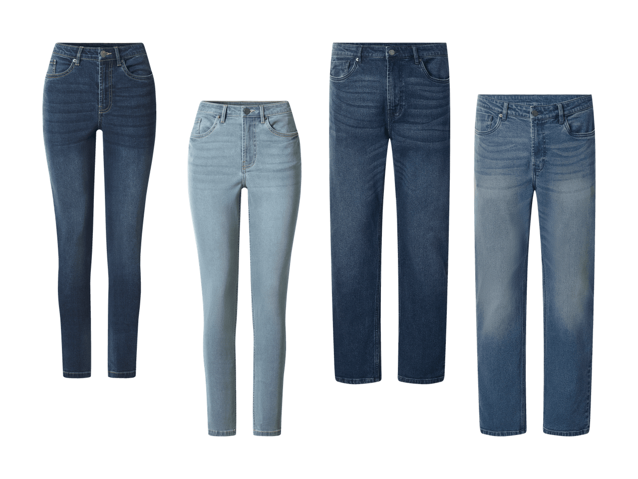 Quattro paia di jeans da donna in diverse tonalità di blu e stili.