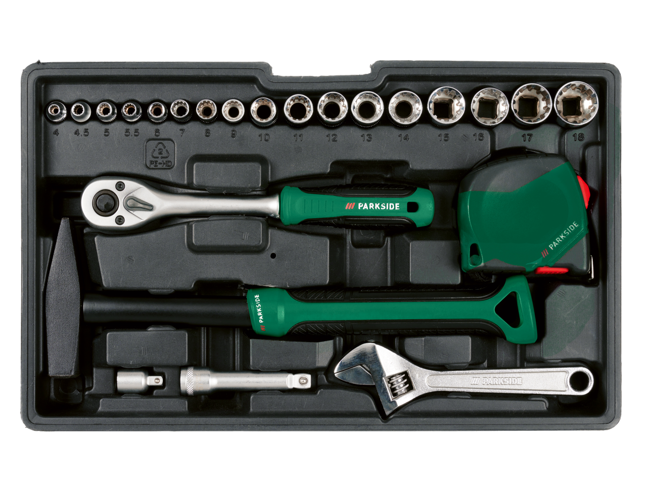 PARKSIDE set alata sa čegrtaljkom, nasadnim ključevima, čekićem, metrom i podesivim ključem u crnoj kutiji.