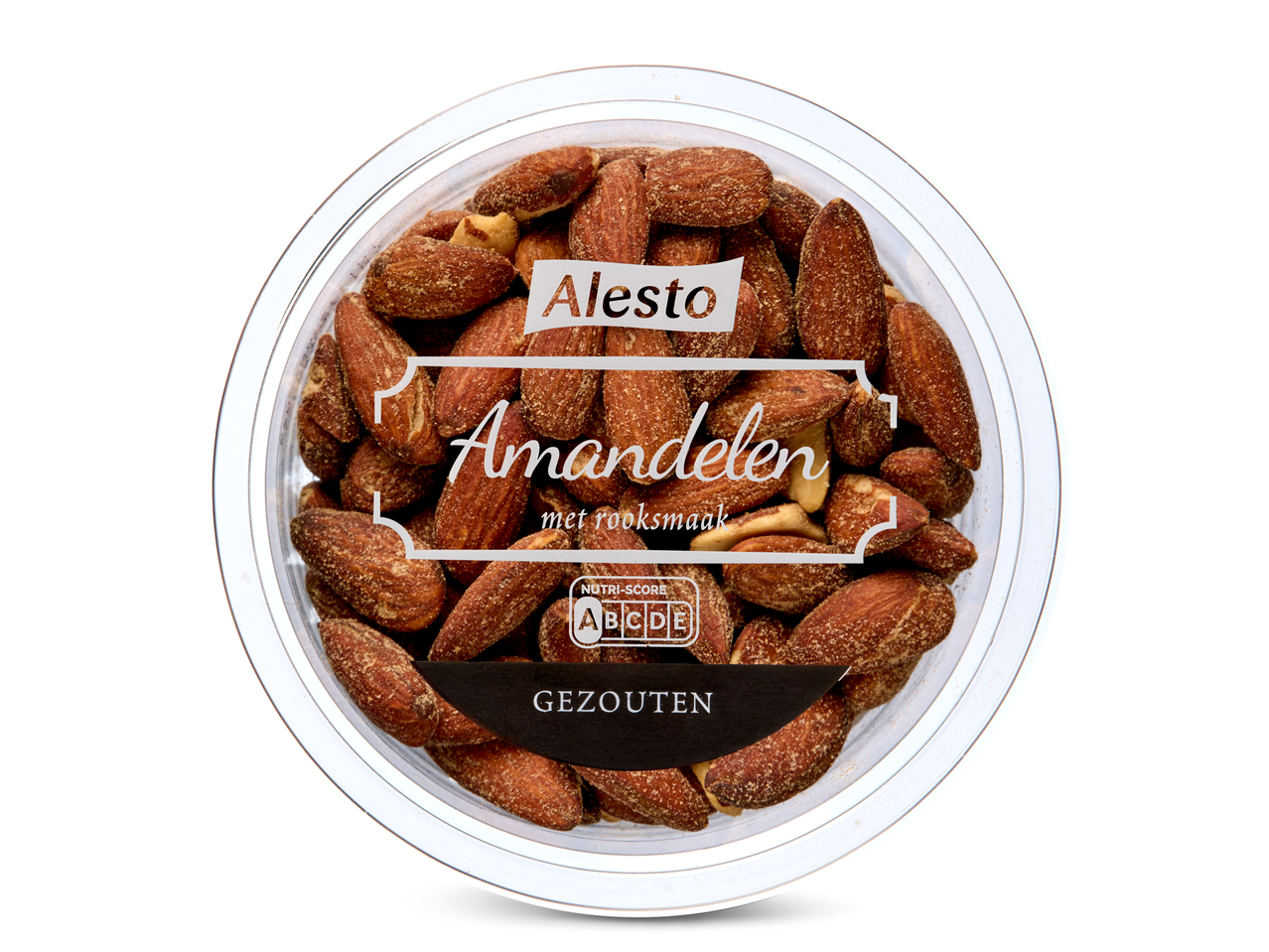 Alesto gerookte, gezouten amandelen.