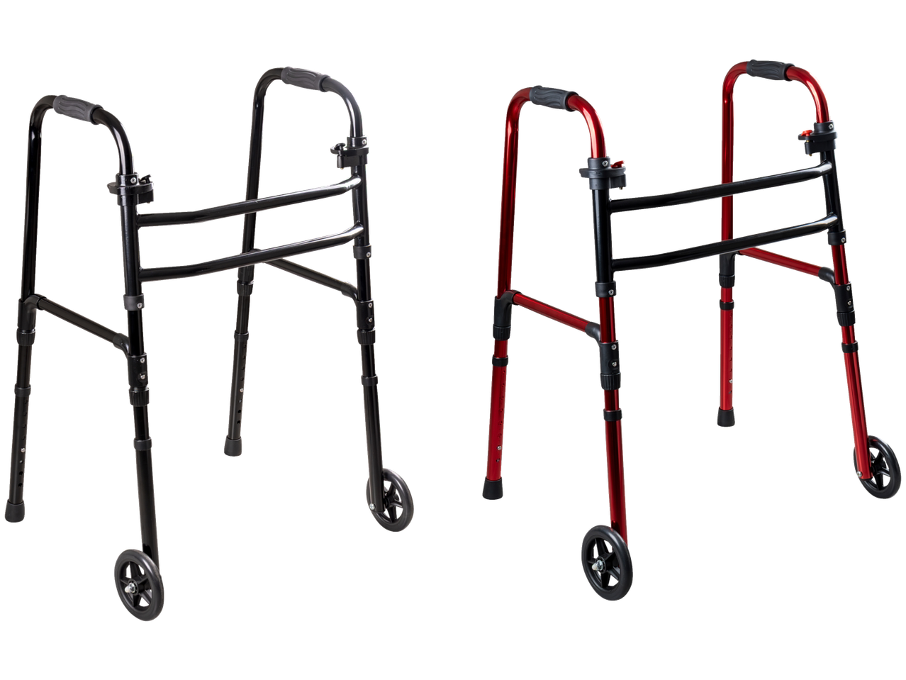 Twee RIDDER opvouwbare loopwagens, één zwart en één rood, tegen een zwarte achtergrond.