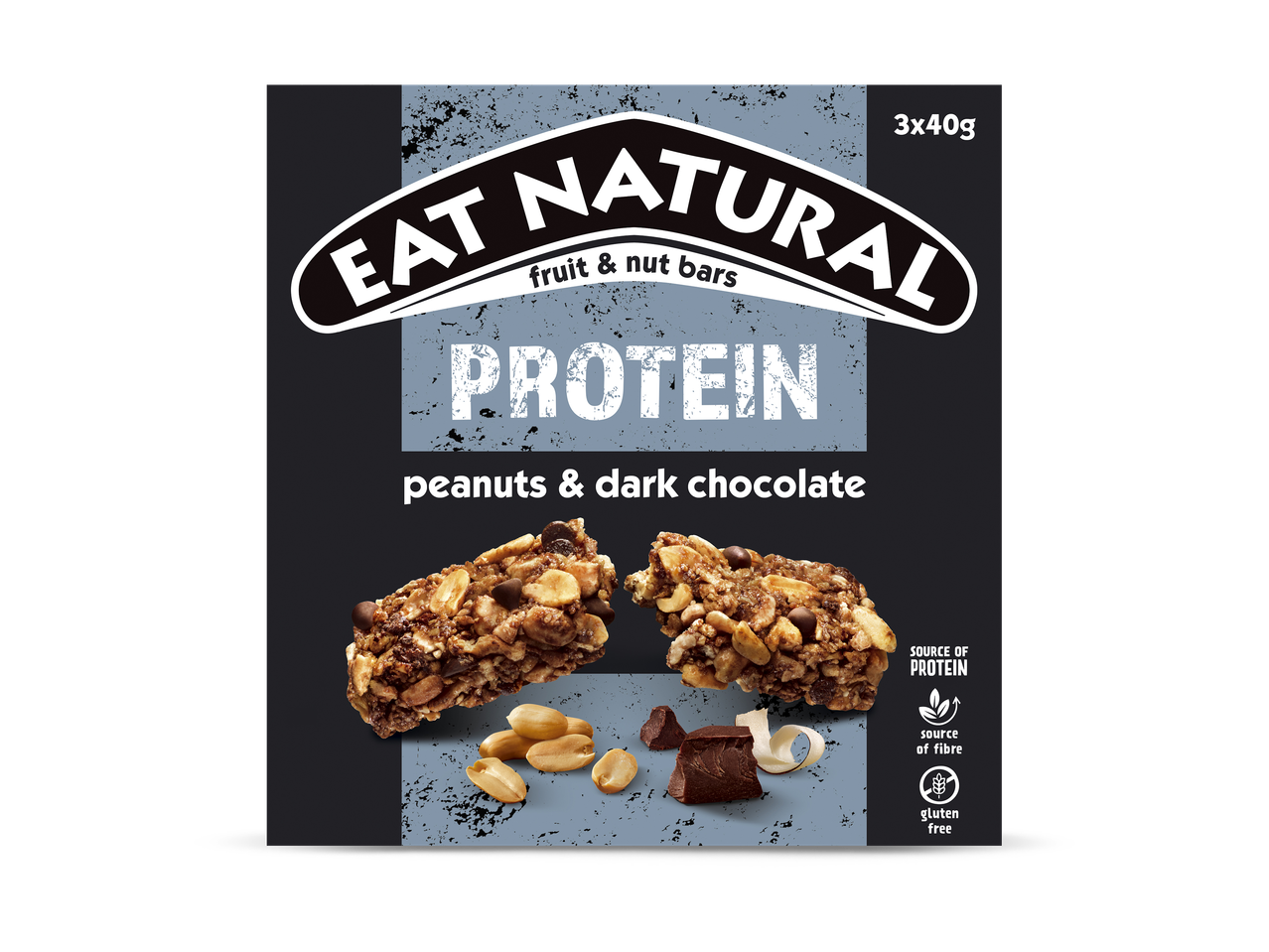 Eiwitrepen met pinda's en pure chocolade, 3x40g, bron van eiwitten en vezels, glutenvrij.