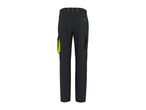 Dark grey work trousers with neon yellow accents and multiple pockets.