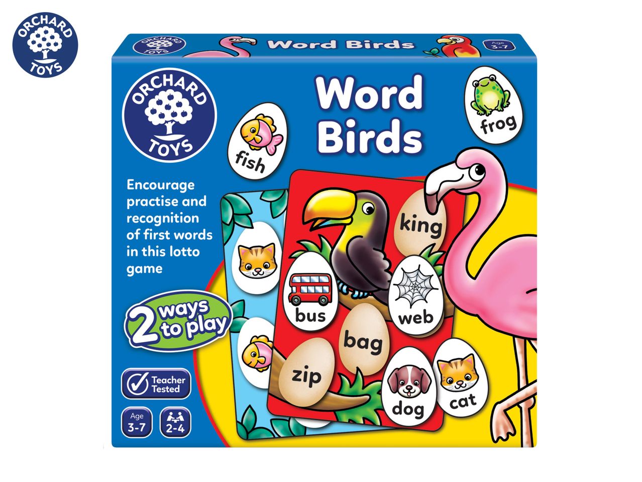 Orchard Toys Word Birds game box shows colorful bird-themed matching cards.