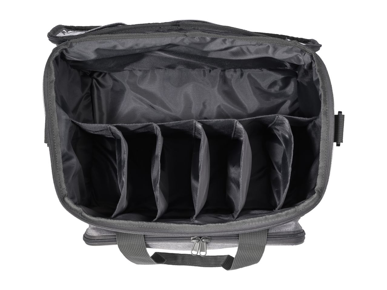 Open gray tool bag with multiple internal compartments and a zipper closure.