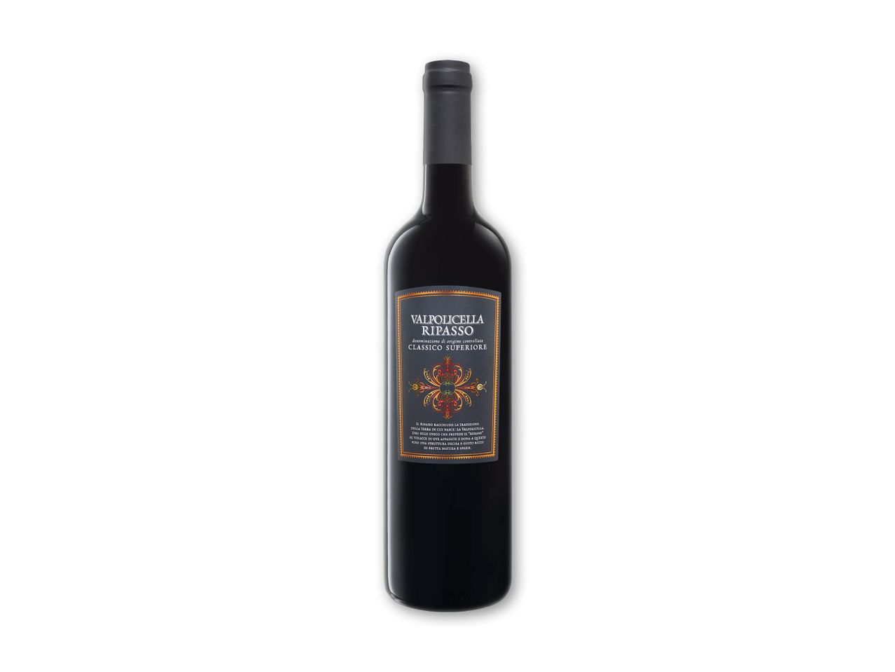 En flaske Valpolicella Ripasso Classico Superiore rødvin med en detaljeret etiket.