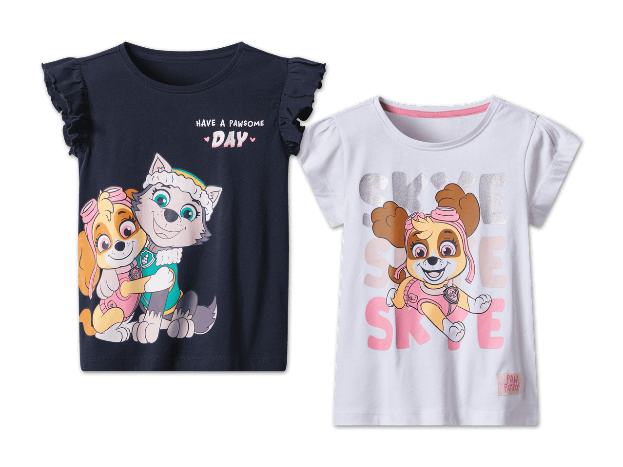 Zwei Paw Patrol T-Shirts für Mädchen, eines dunkelblau mit Skye und Everest, das andere weiß mit Skye.