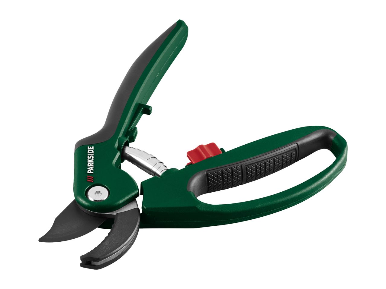 Green and black bypass pruning shears with a red safety lock and ergonomic handles.