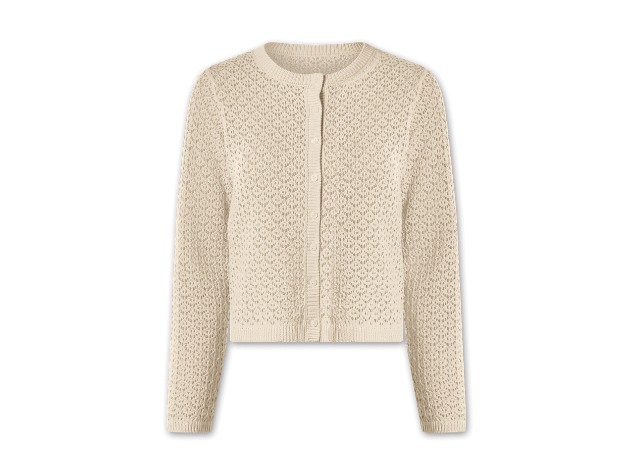 Beigefarbene Strickjacke mit Lochmuster und Knopfleiste
