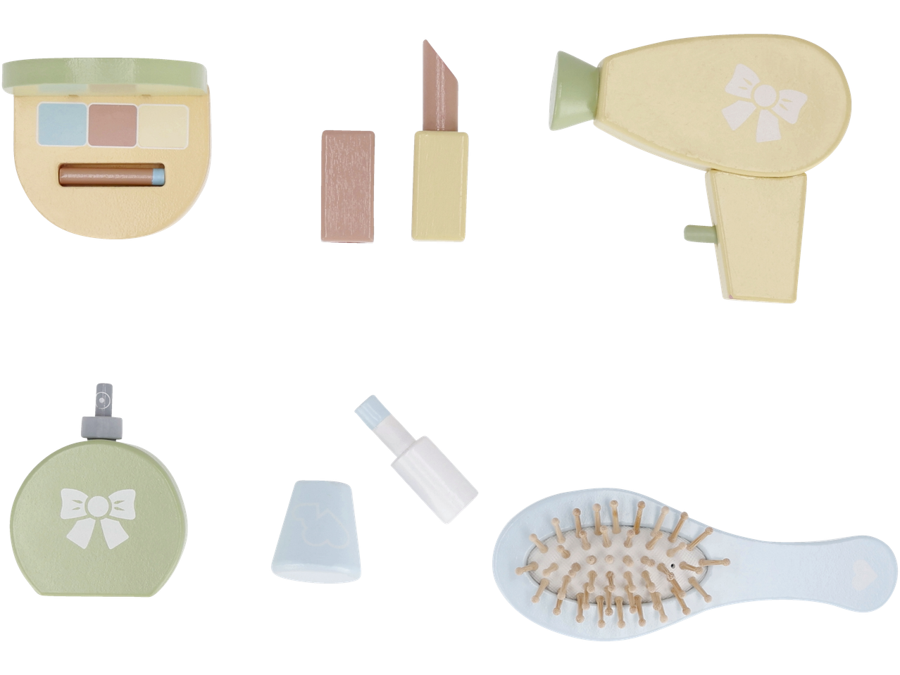 A set of Lupilu wooden beauty accessories, including eyeshadow, lipstick, hairdryer, perfume, nail polish, and a hairbrush.