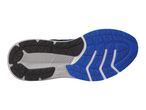 Underside of a black, grey, and blue athletic shoe with a textured sole.