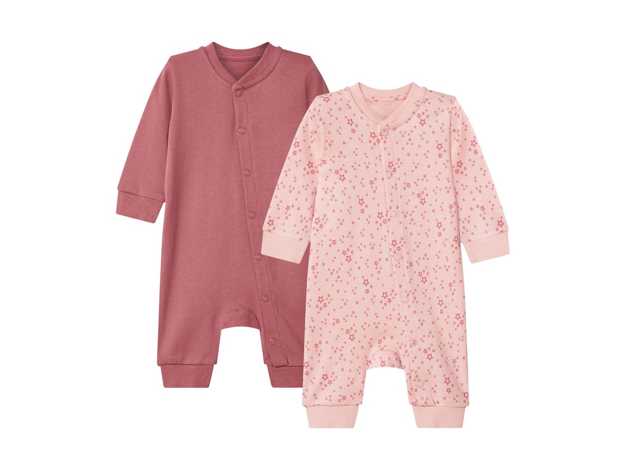 Two baby rompers, one plain dark pink and one light pink with star print.