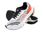 Pair of white and orange athletic shoes with black laces and soles, angled on a white background.