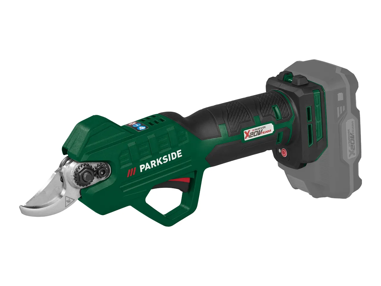 A green and black cordless electric pruning shear with a gray battery pack attached.