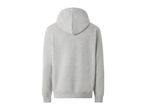 Back view of a plain grey hooded sweatshirt with ribbed cuffs and hem.