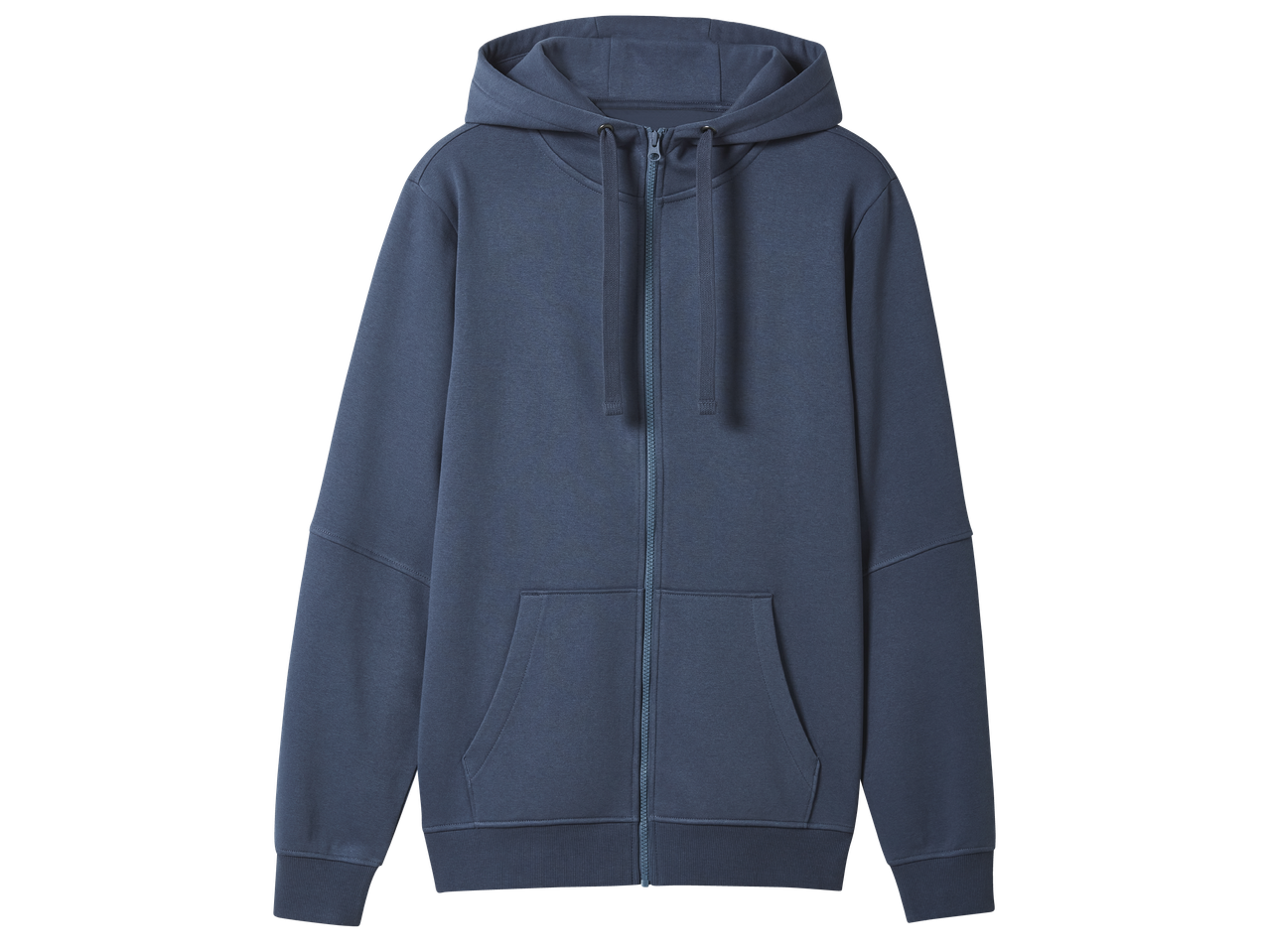 Тъмносин суитшърт с качулка и цип, с джобове тип кенгуру.