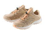 Pair of beige and orange hiking shoes with quick-lace system.