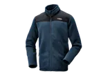 A blue and black fleece jacket with a zipper and a high collar.