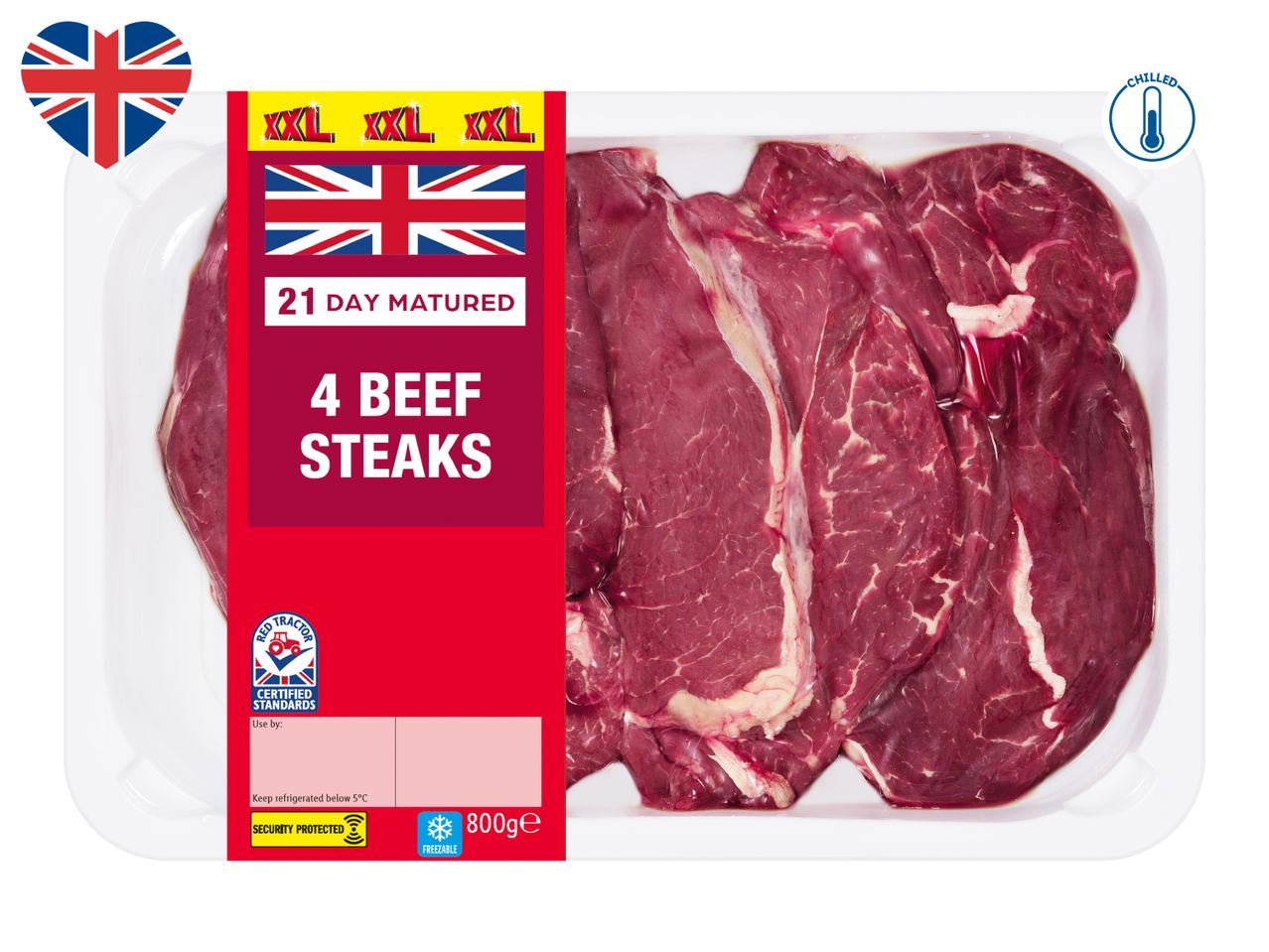 Pack of four XXL 21-day matured beef steaks, 800g, with a Union Jack flag and 'Chilled' icon.
