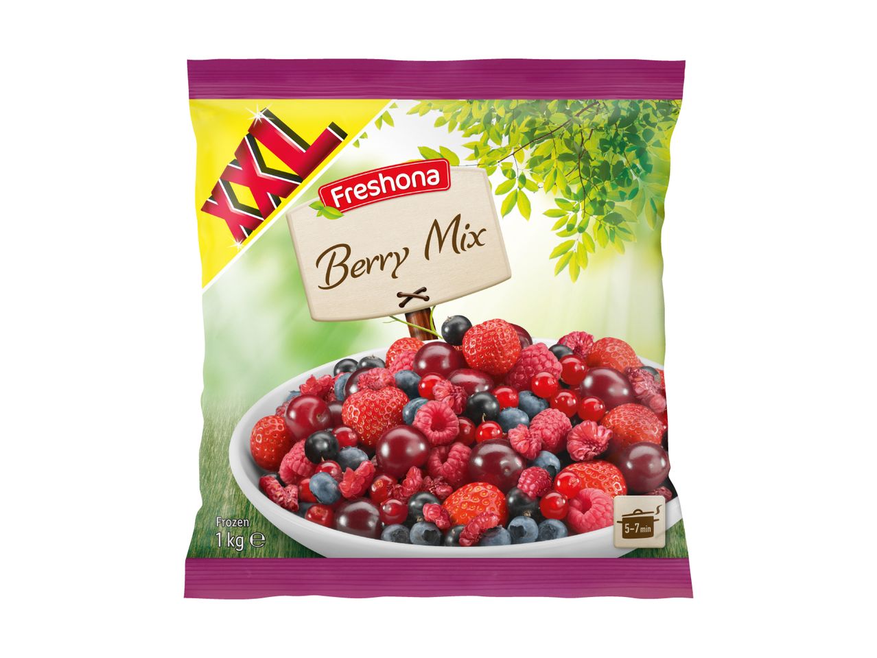 KDL brand frozen berry mix bag.