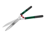Hedge shears with green handles and black grips, featuring red shock absorbers.