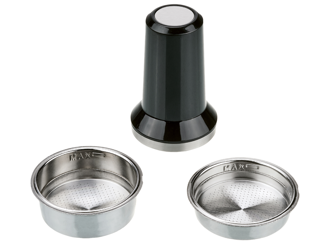 Тампер за кафе и две цедки за еспресо машина, с надпис MAX.
