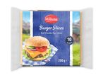 Pakke med 10 bløde cheddar-stil burgerosteskiver, 200g, med billede af en burger.