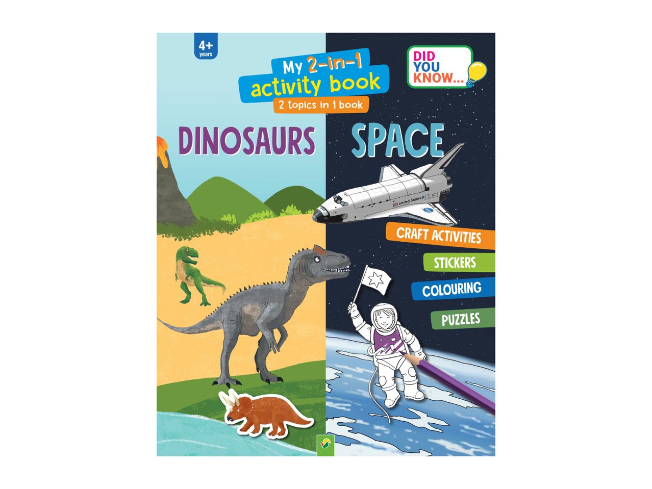 Children's activity book with dinosaurs and space themes, including crafts, stickers, colouring, and puzzles.