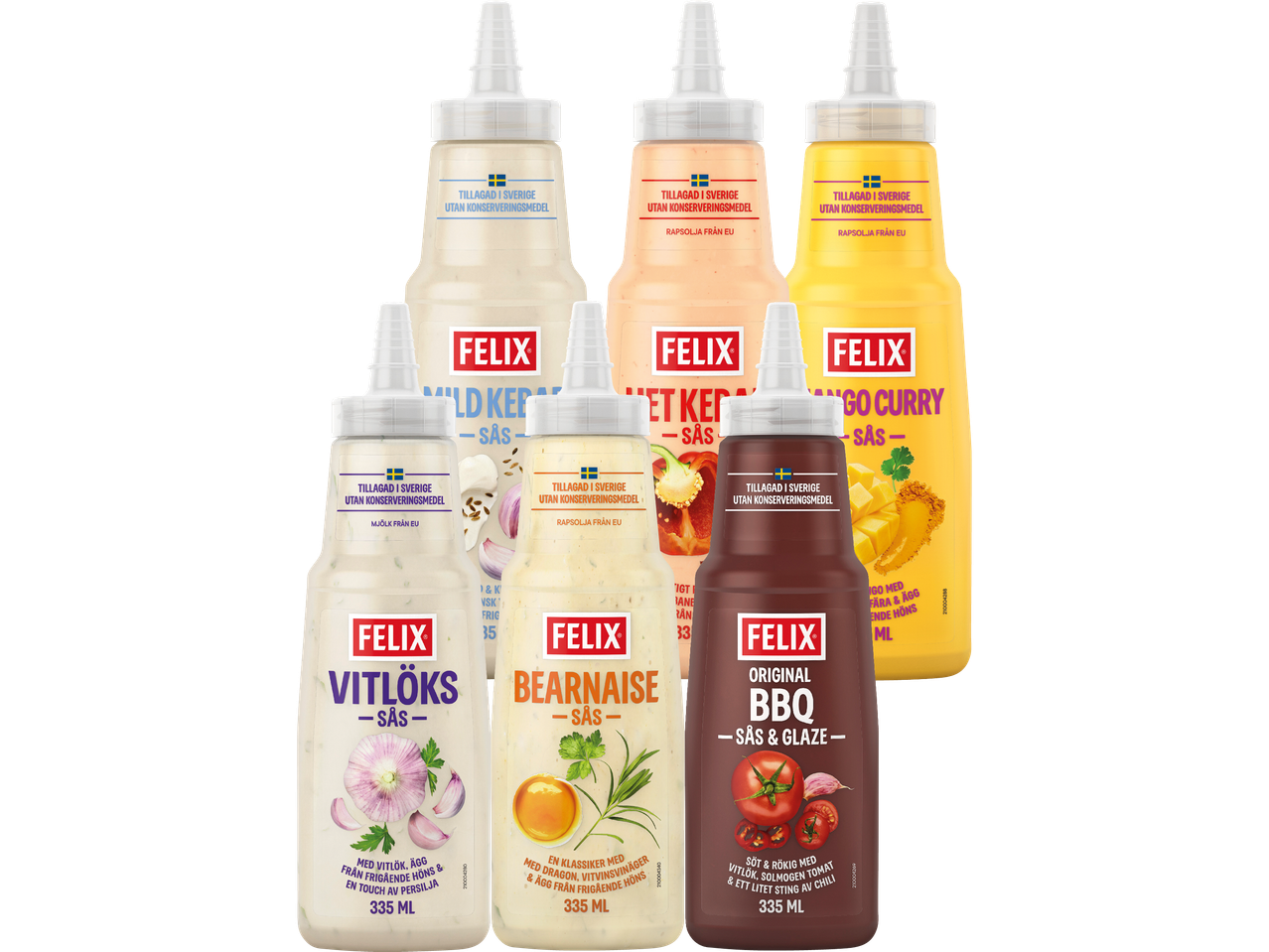 En samling såser i klämflaskor, inklusive vitlök, bearnaise, BBQ, mild ketchup, het ketchup och mangocurry.