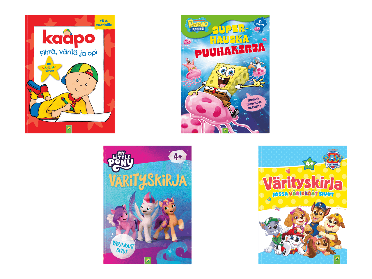 Lasten puuhakirjoja, kuten Kaapo, Paavo Pesusieni, My Little Pony ja Ryhmä Hau -värityskirjoja.