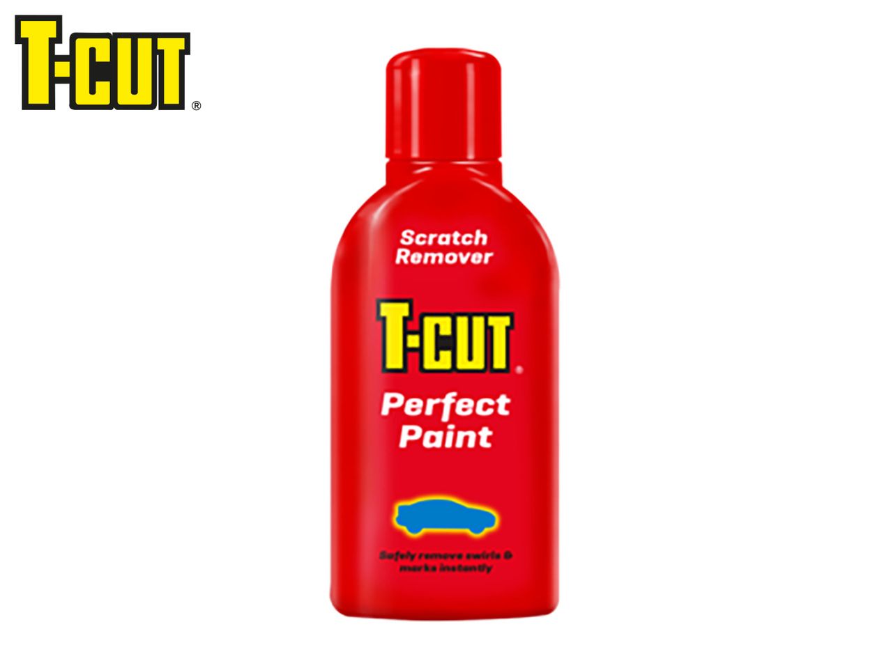 Red bottle of scratch remover for perfect paint, with a car icon and text about removing swirls and marks.