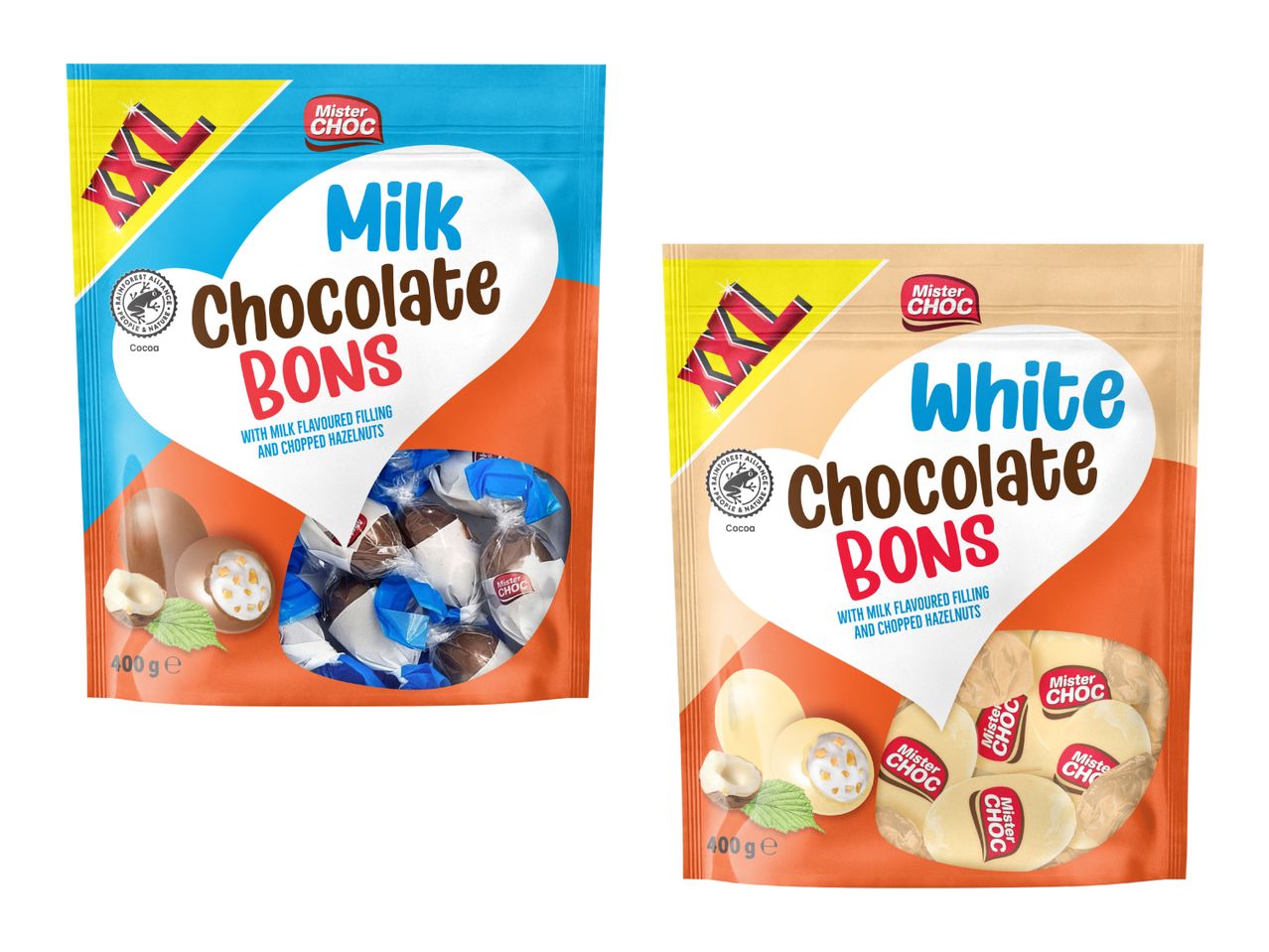Two bags of chocolate bons, one milk chocolate and one white chocolate, both with milk-flavored filling and chopped hazelnuts.
