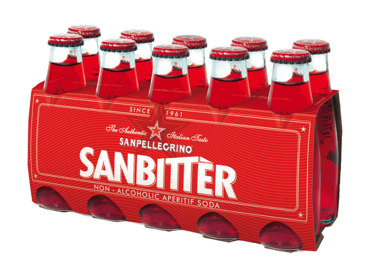 Zehnerpack alkoholfreie Aperitif-Limonade in kleinen Glasflaschen.
