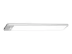 A sleek, silver LED under-cabinet light with a built-in motion sensor.
