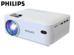 White projector with a bright lens, various ports, and control buttons on top.