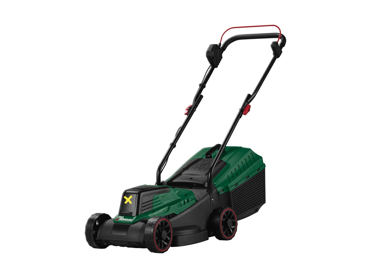 Green and black cordless lawnmower with red accents and a yellow 'X' symbol.