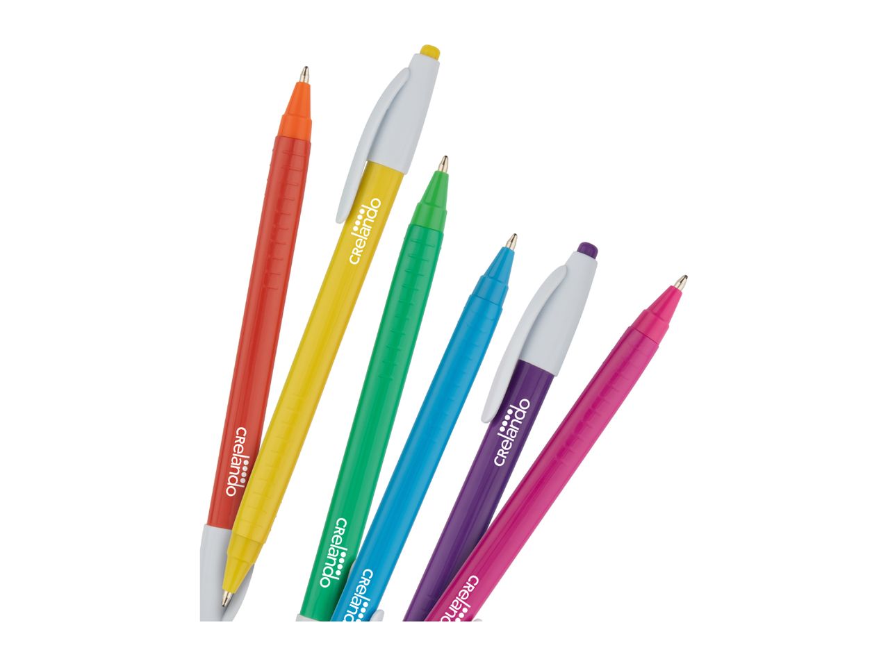 Six colorful pens in red, yellow, green, blue, purple, and pink, with white clips.
