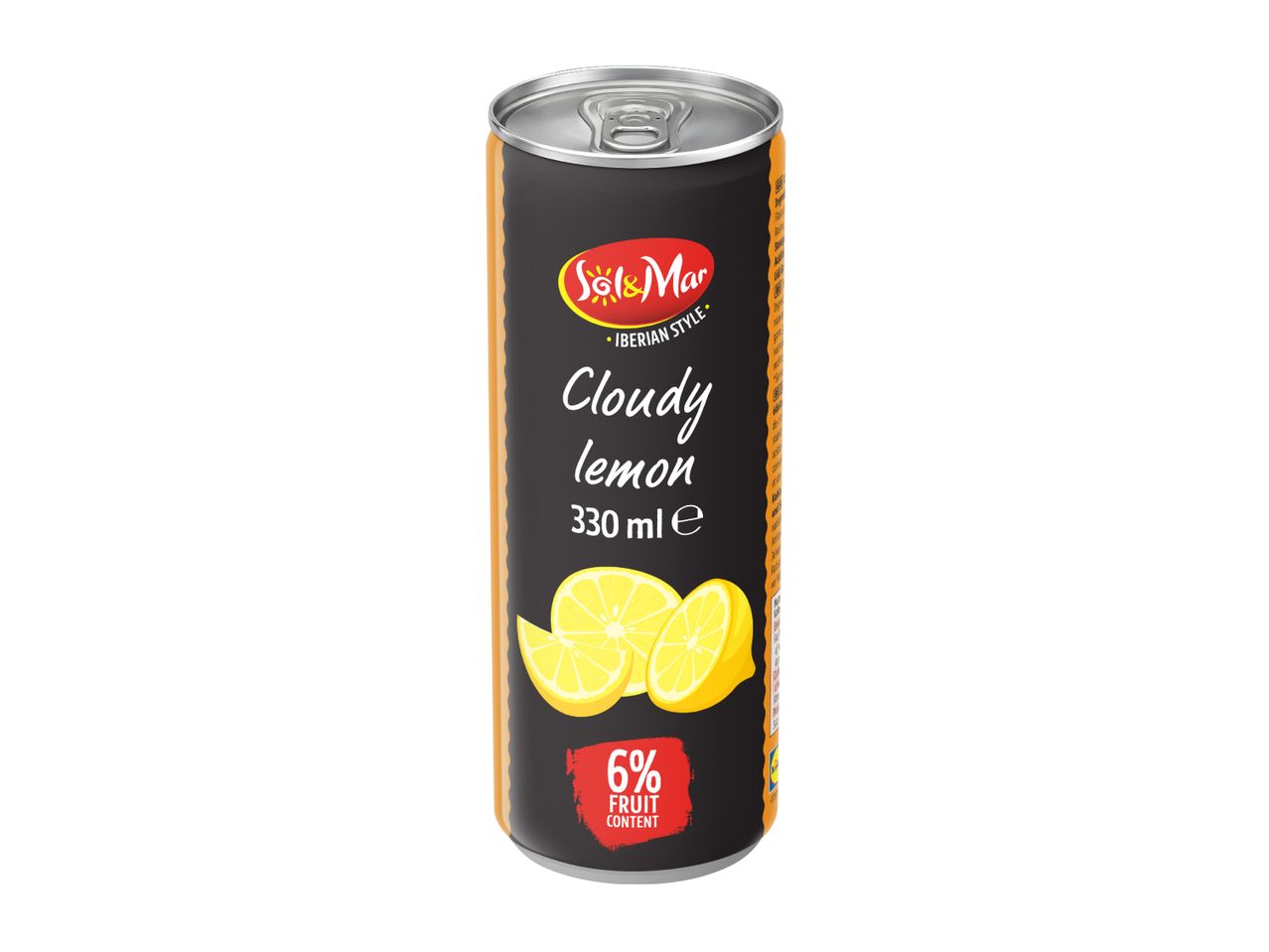 Black and orange can of cloudy lemon drink with 6% fruit content, 330 ml.