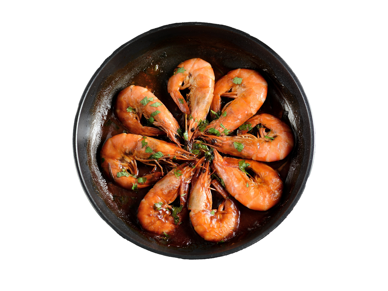 Virtos baltakojės blyškiosios krevetės keptuvėje su padažu ir žolelėmis