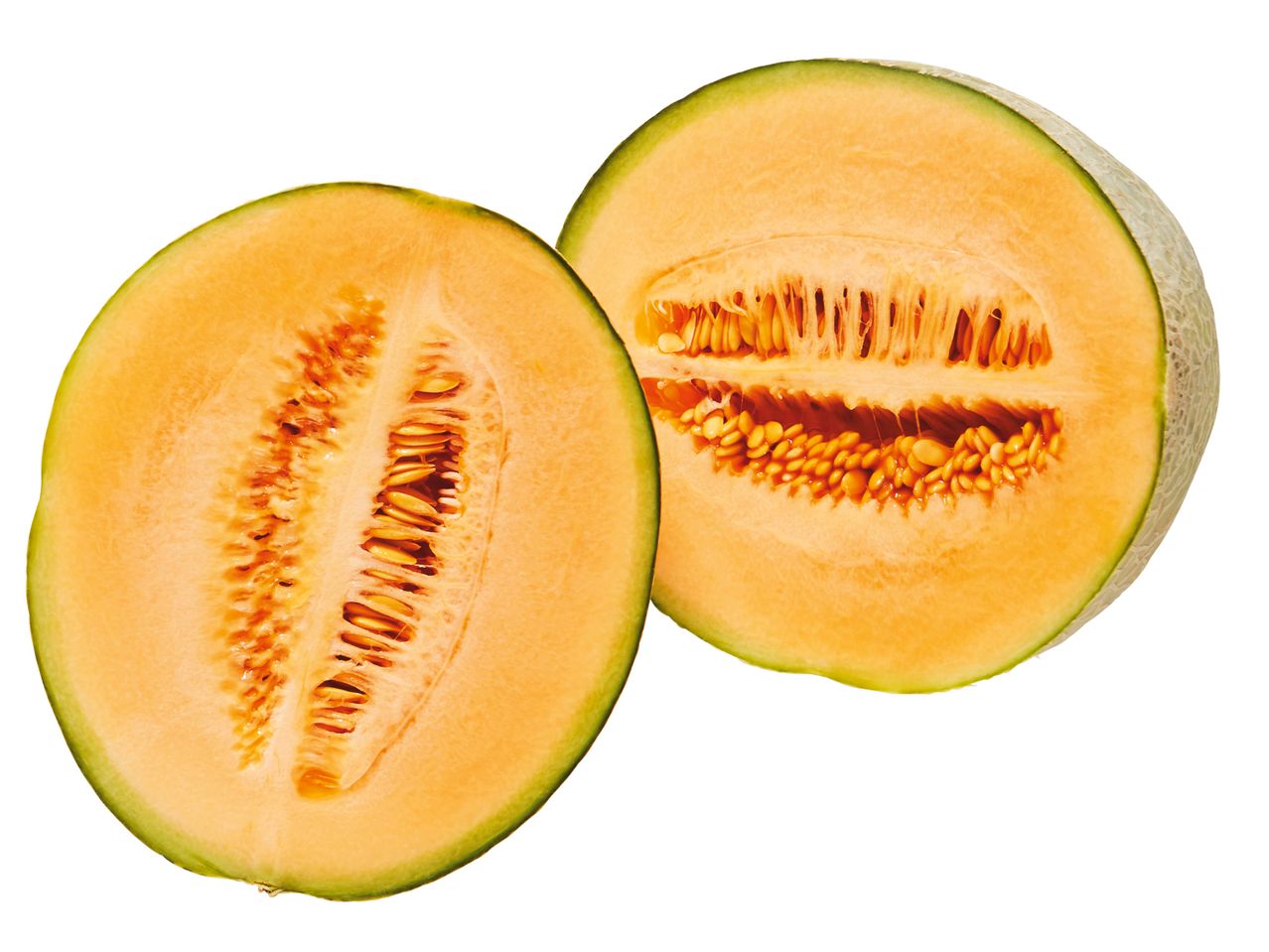 Zwei Hälften einer Cantaloupe-Melone.