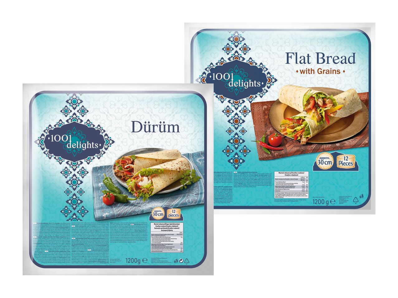 Dve embalaži zamrznjenega kruha, Darien in Flat Bread.