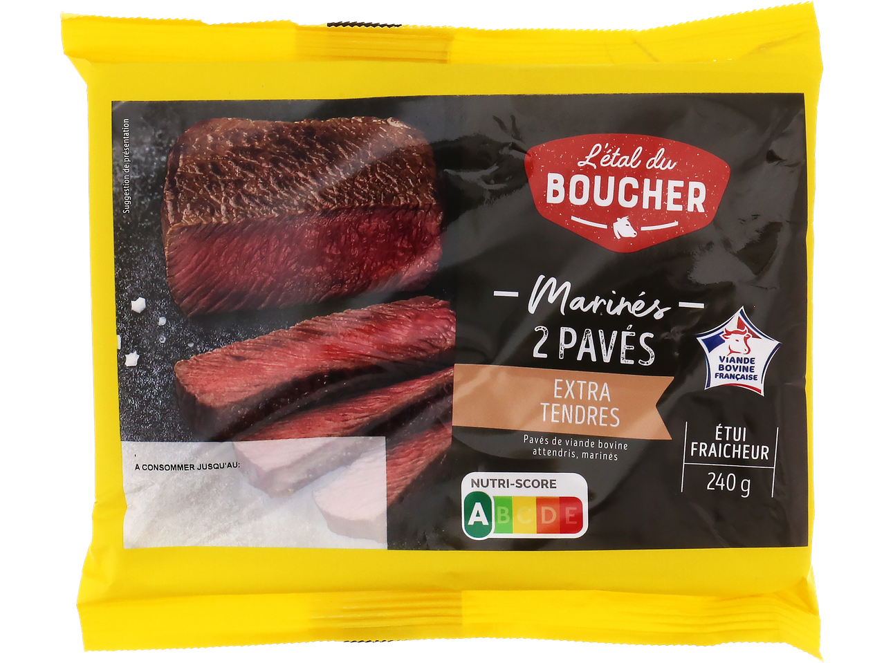 Emballage de deux pavés de bœuf marinés extra tendres de la marque L'étal du Boucher.