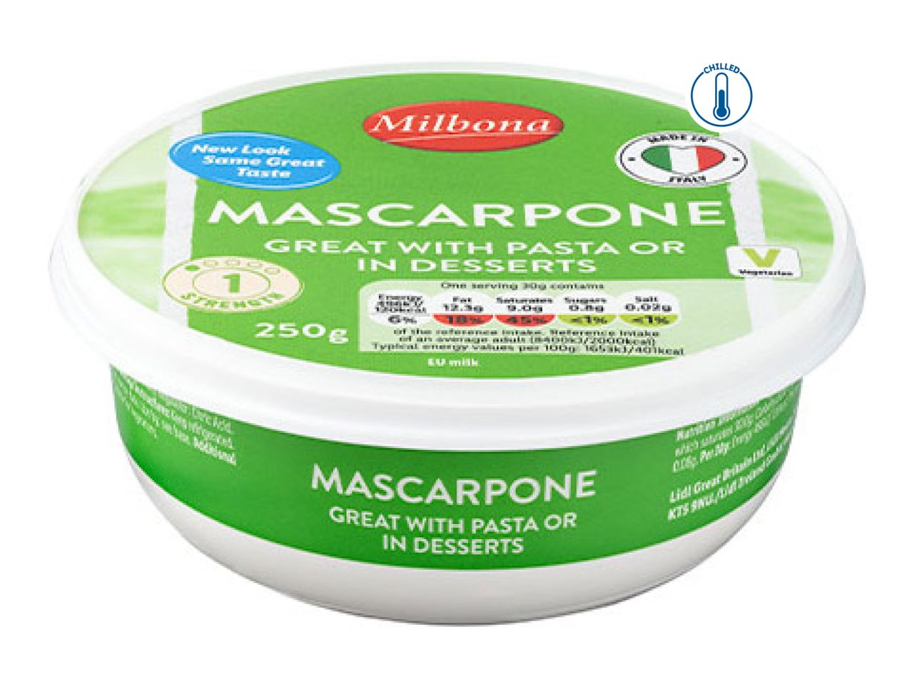 A tub of mascarpone cheese, labeled 'Great with pasta or in desserts,' with a 'chilled' icon.