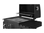 Close-up of an open black charcoal barbecue grill with cooking grates and side shelf.