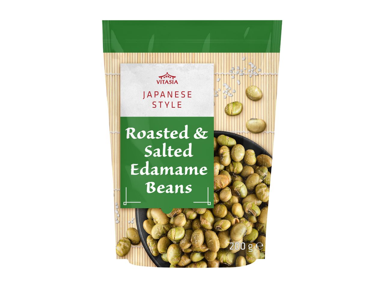 Roasted and salted edamame beans in a bag, Japanese style.