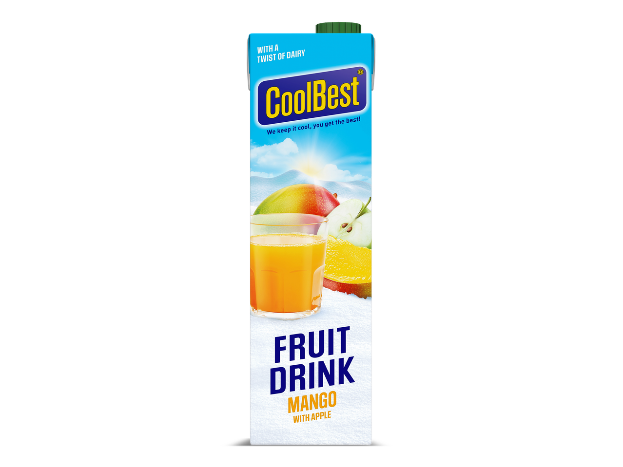Fruitdrank met mango en appel, met een vleugje zuivel, in een kartonnen verpakking.