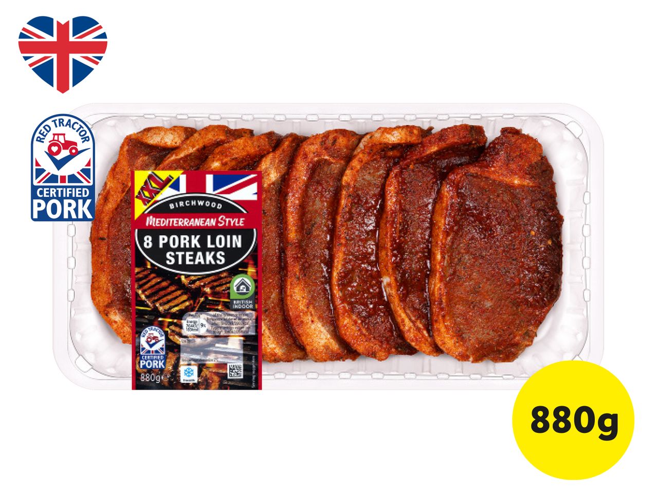 Birchwood 880g pack of 8 Mediterranean-style pork loin steaks.